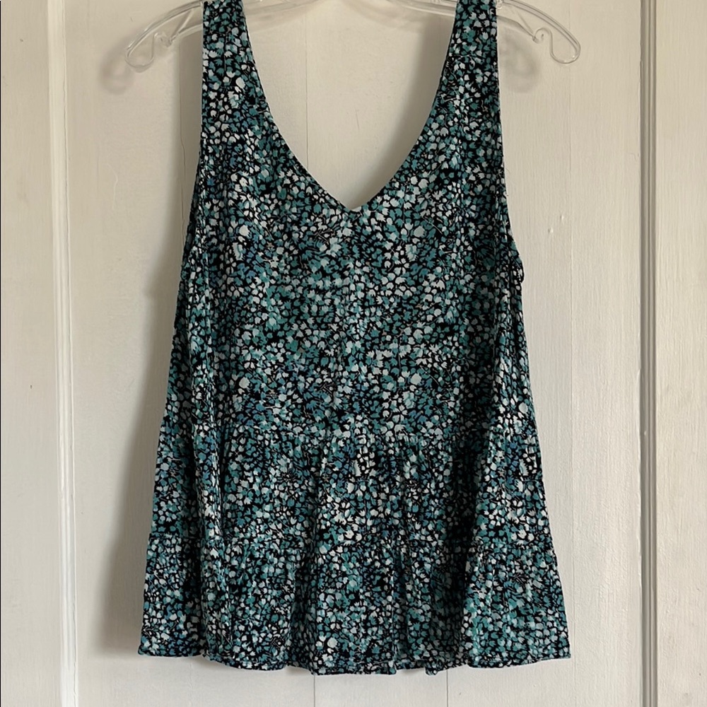 LOFT Sleeveless V-Neck Blue Flowers on Black